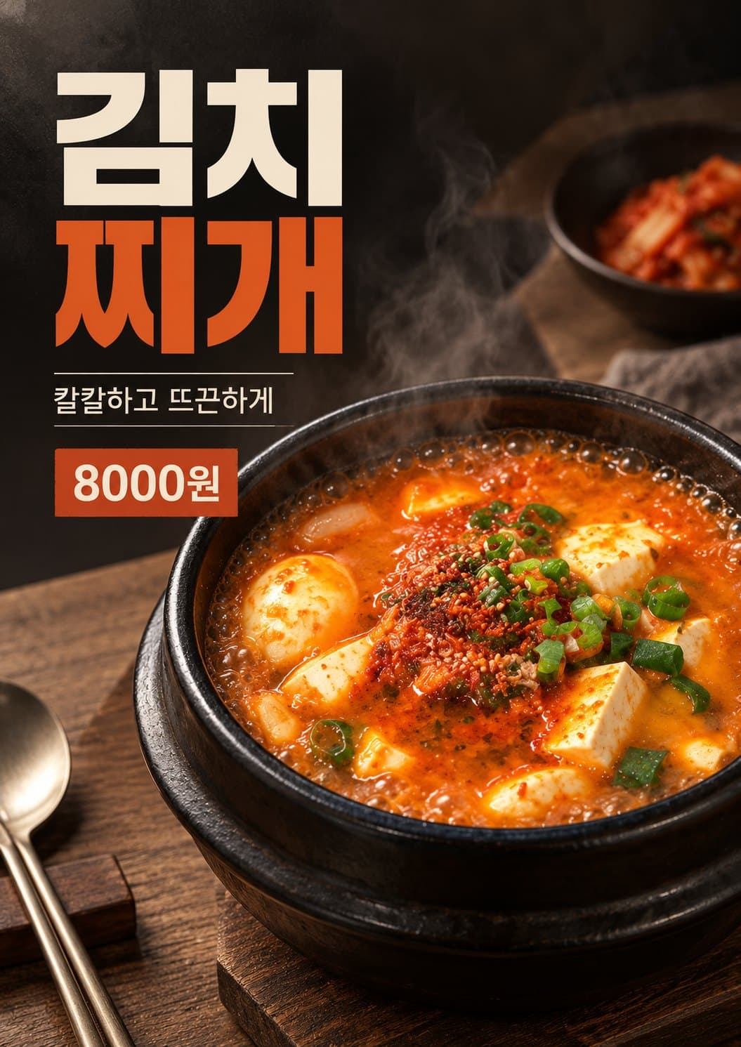 A4 음식 포스터 예시 - 큰 김치찌개 제목, 짧은 카피, 8000원 가격 라벨이 들어간 신메뉴 포스터