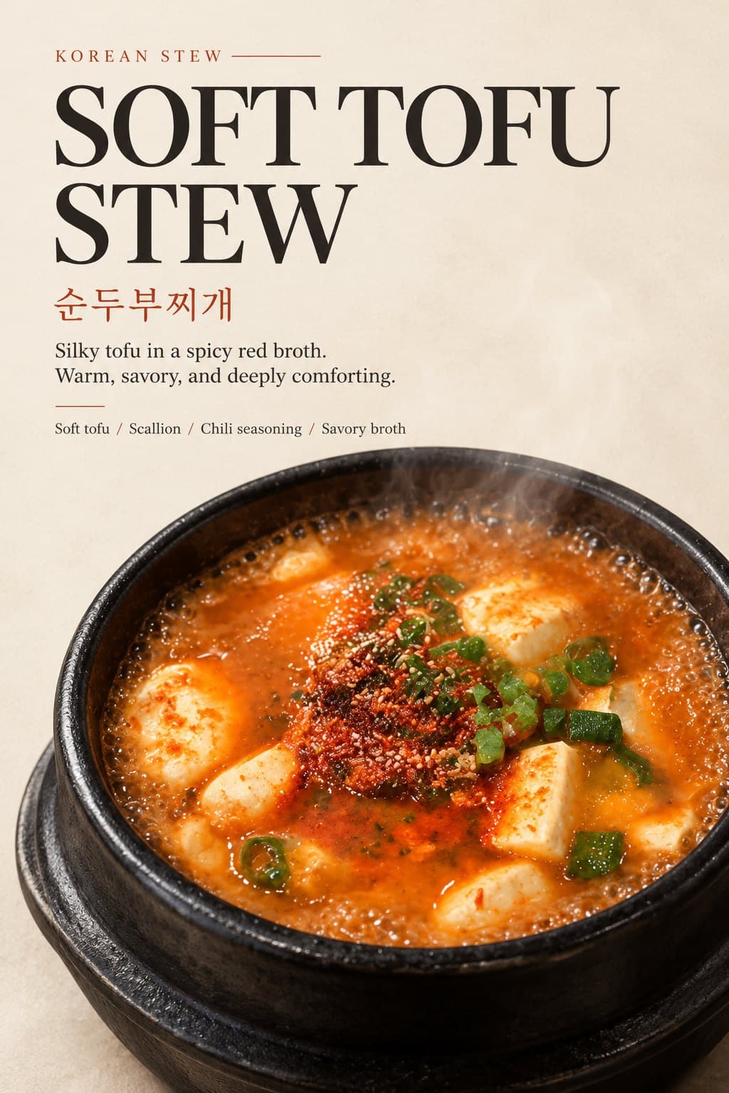 영문 음식 포스터 예시 - 큰 영문 SOFT TOFU STEW 제목과 순두부찌개 사진이 들어간 아이보리 에디토리얼 포스터