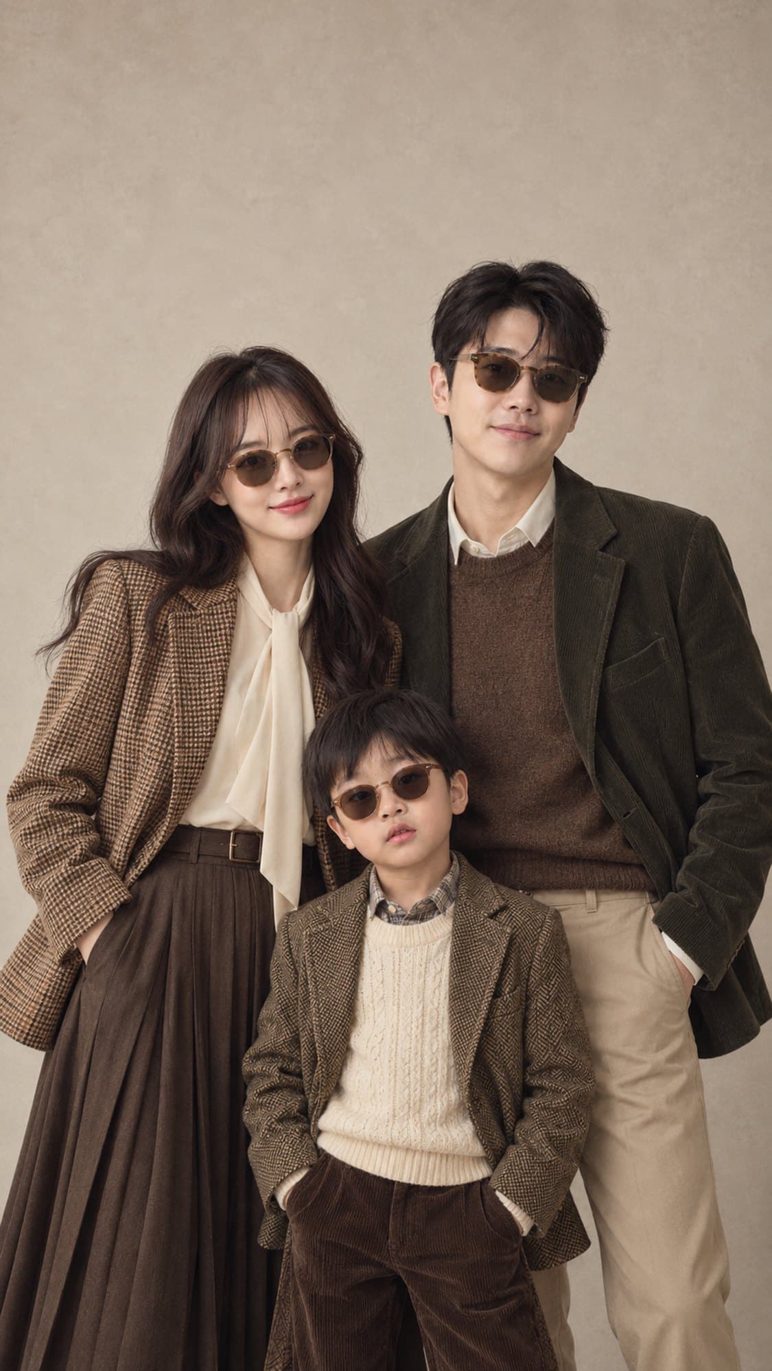 예시 1 - 레트로 선글라스를 쓴 엄마·아빠·아들이 웜 샌드 배경 앞에서 찍은 필름 감성 가족 화보