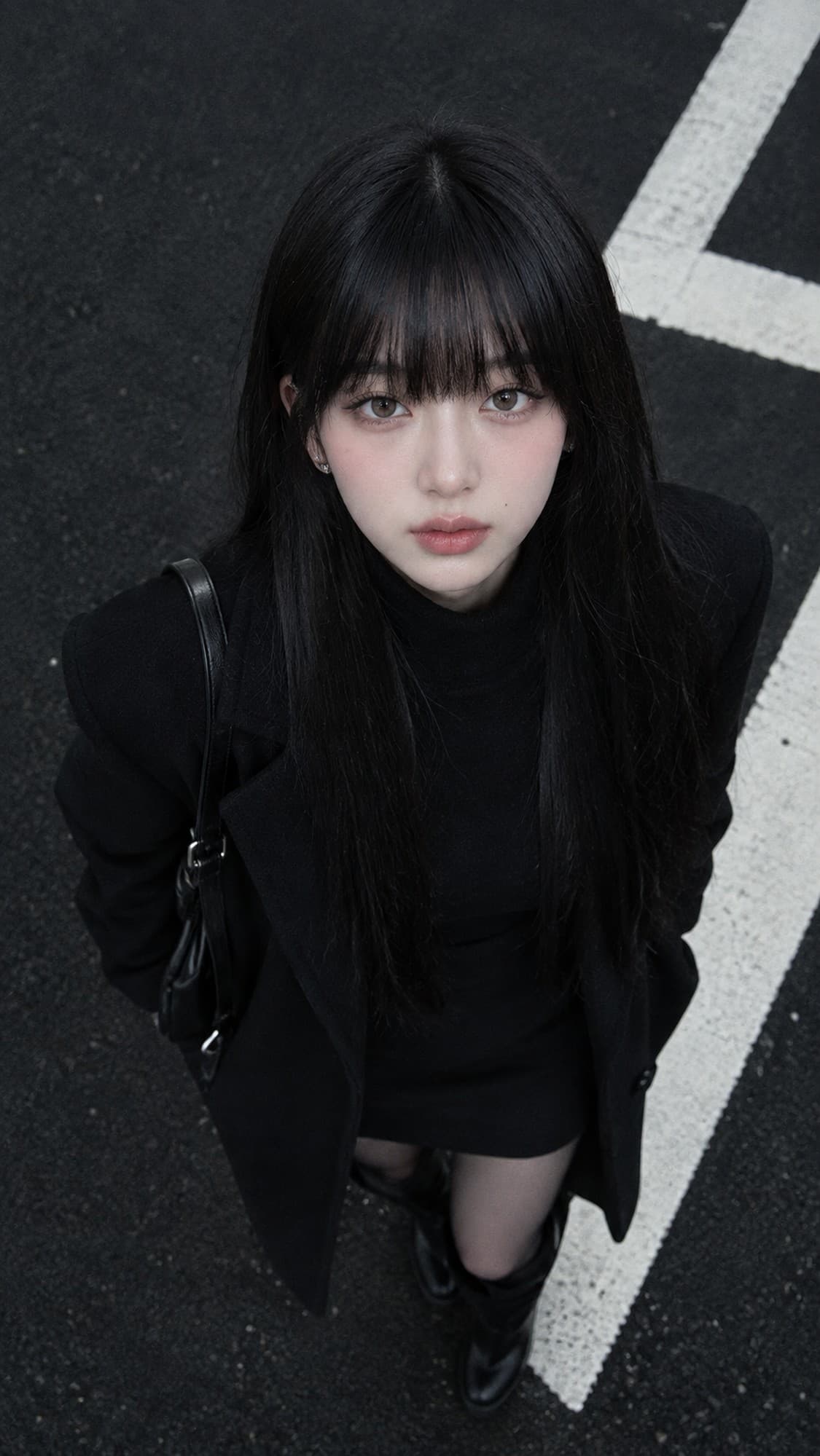 예시 1 - 어두운 아스팔트 위 흰 도로 마킹을 배경으로 위에서 내려다본 올블랙 하이앵글 화보