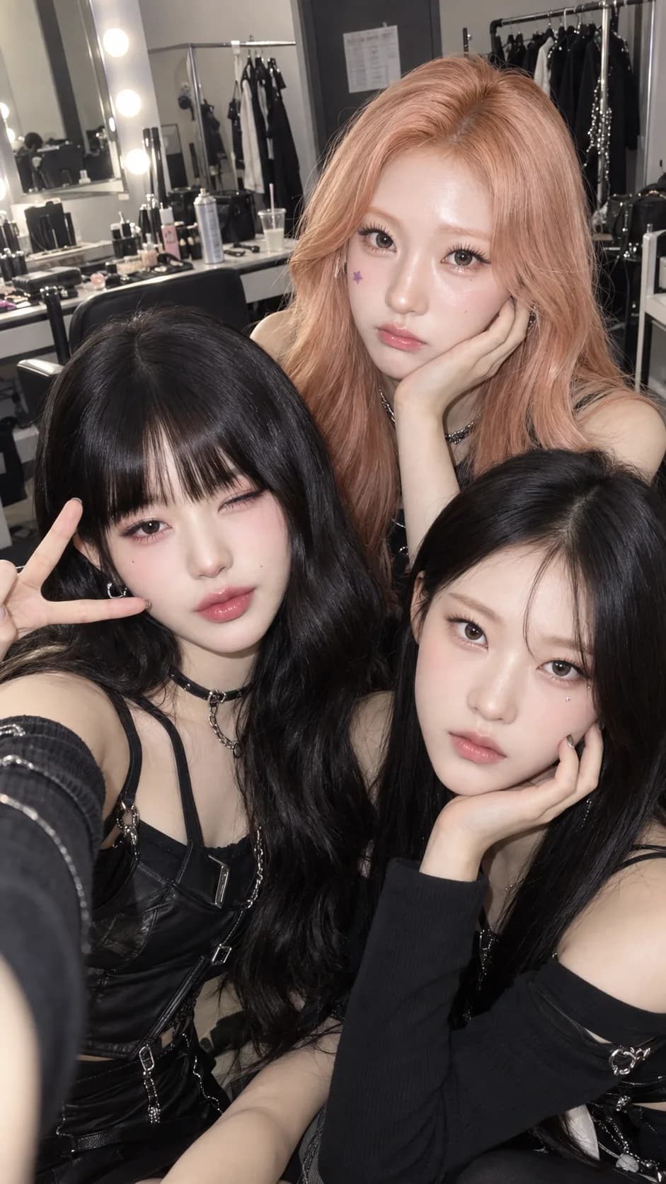 예시 1(시크) - 블랙·실버 무대 의상을 입은 세 멤버가 대기실 거울 앞에서 찍은 셀카