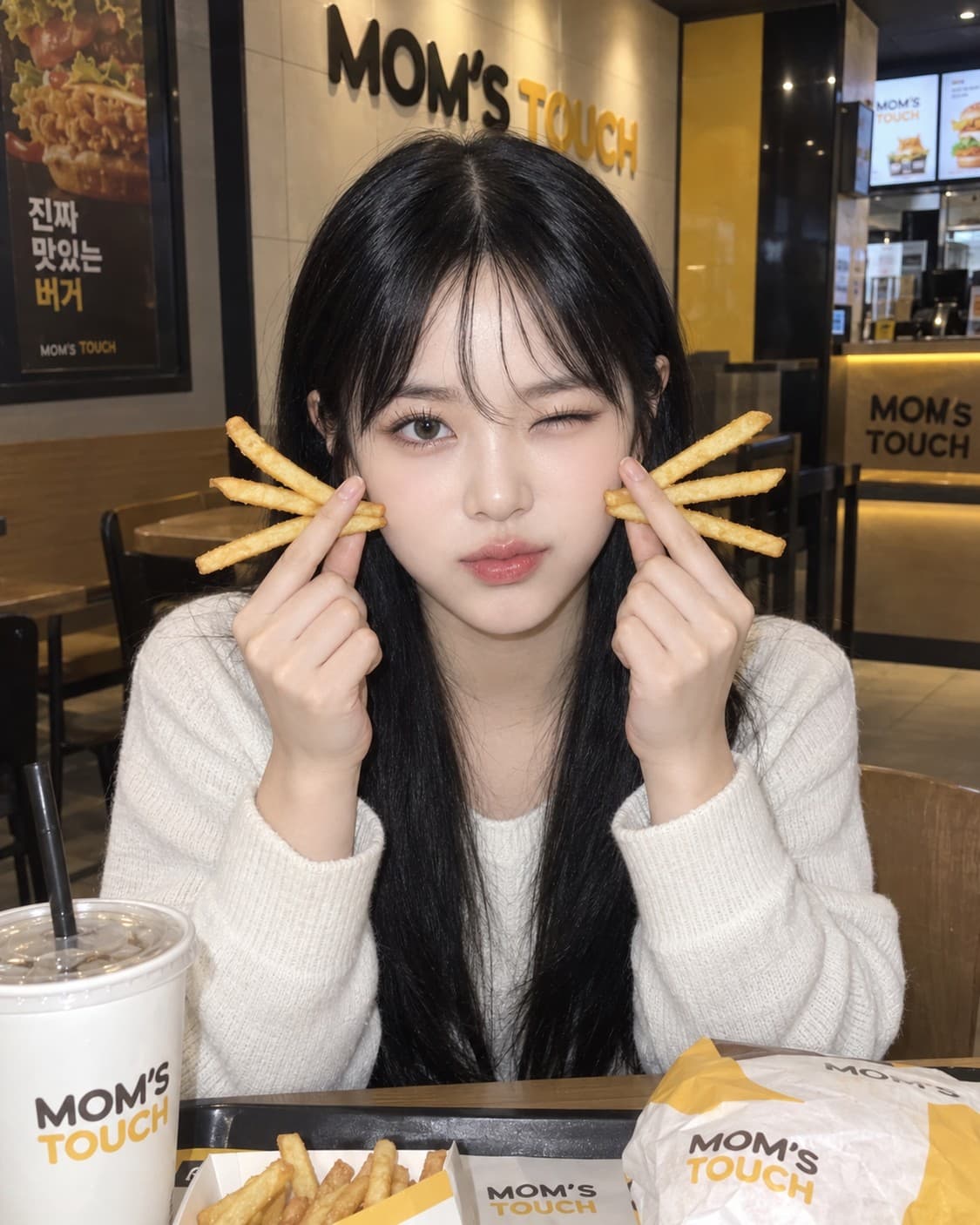 예시 1 - 크림 니트를 입고 맘스터치 매장에서 감자튀김 고양이 수염을 하고 윙크하는 셀카(검정 생머리)
