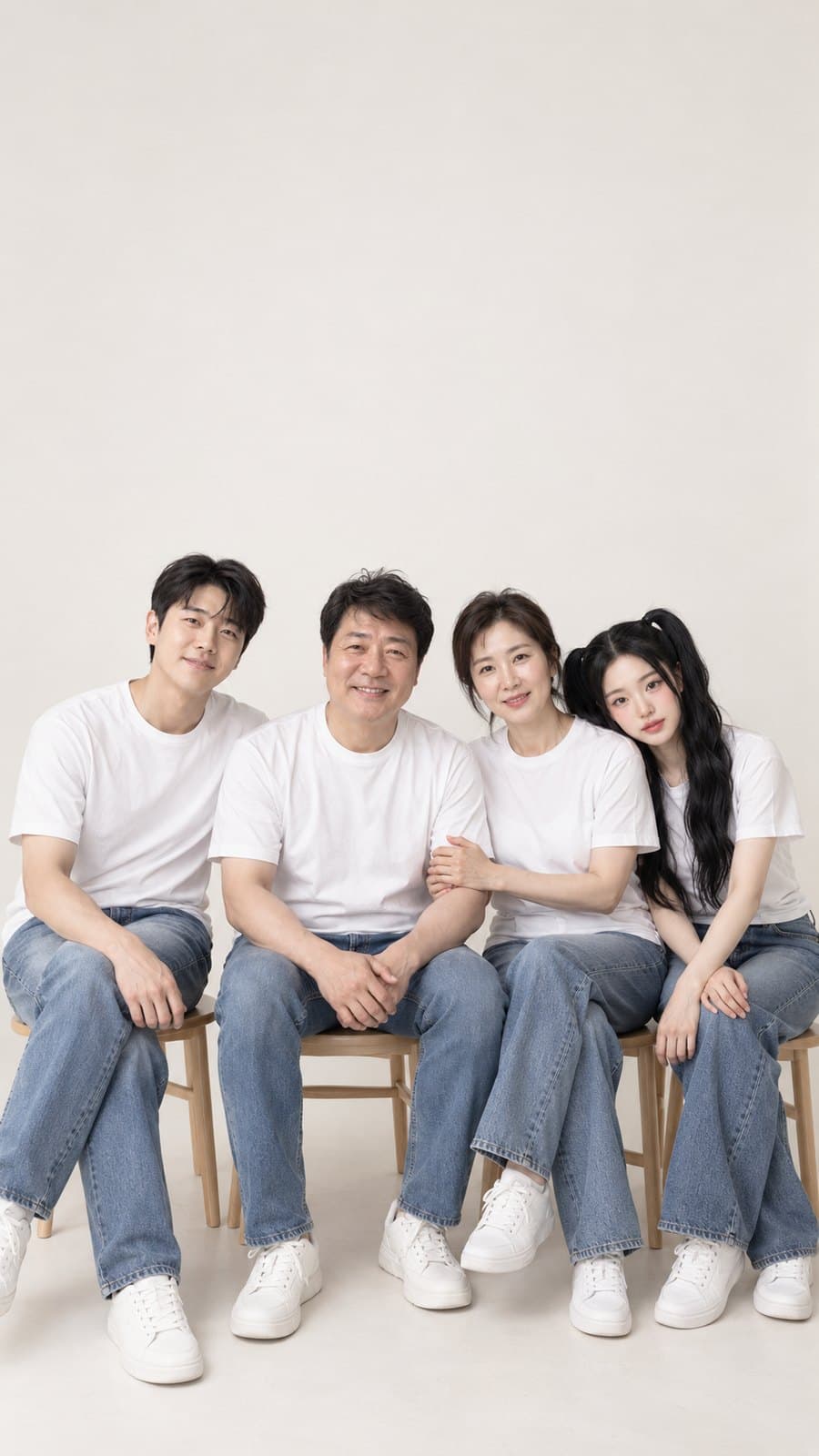 우리 가족 사진 예시 - 흰 티셔츠와 청바지를 맞춰 입고 원목 의자에 앉은 가족 4명의 밝은 스튜디오 사진