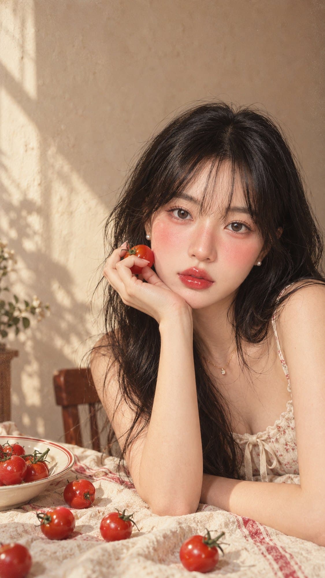 예시 1 - 방울토마토를 볼에 댄 채 테이블에 기대 앉은 여성의 토마토 뷰티 필름 화보